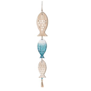 Bring the soothing vibes of the ocean into your home with this Coastal Fish Hanging Decor, measuring 11.43 x 0.9 x 88.9 cm. Featuring a trio of beautifully crafted fish in a mix of wood, ceramic, and beaded accents, this hanging ornament adds a beachy, nautical touch to any space. The top fish showcases cut-out heart details, while the middle ceramic fish boasts a blue ombre wave pattern, and the bottom fish displays a woven texture with a charming tassel accent. Perfect for beach houses, coastal-themed rooms, or ocean-inspired decor, this lightweight yet durable piece is ideal for walls, doors, or patio spaces. A must-have for those who love boho, seaside, and maritime aesthetics!