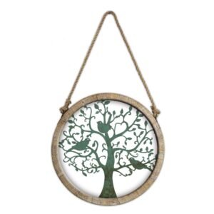 This is a metal wall art piece, often referred to as a Tree of Life design. The intricate tree with birds perched on its branches symbolizes growth, strength, and connection to nature, themes commonly associated with the Tree of Life concept. The metal finish gives it durability and a modern yet rustic aesthetic, enhanced by the wooden circular frame and rope for hanging. It's a perfect fit for indoor spaces like living rooms, hallways, or even patios, providing a mix of organic and industrial vibes, blending effortlessly into various décor styles.