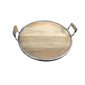 Wooden Serving Tray Weather you are looking for a decor foundation or just need to serve up sodas in style at your next game day gathering, This versatile Steel  and Wood tray offers both function and fashion for your space.  Brimming with rustic appeal, this charming tray showcases a slatted mango wood base , round shape, steel frame with combination of wooden handles, gives it best look.  Try setting it on your entryway console or at the centre of your dining table then top with a trio of pine-scented candles , a few woven orbs and a small earthy potted plant to craft a cabin -chic vignette. So buy it now and spoil yourself gift it to your loved ones and they will praise you forever. Size: 55 cm